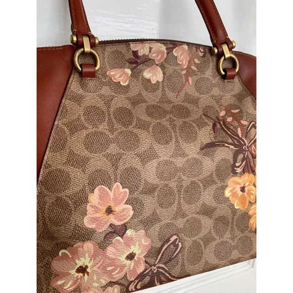 Coach Prairie Floral Signature Satchel / Tan Rust Leather Crossbody Bag NWOT - Picture 6 of 16